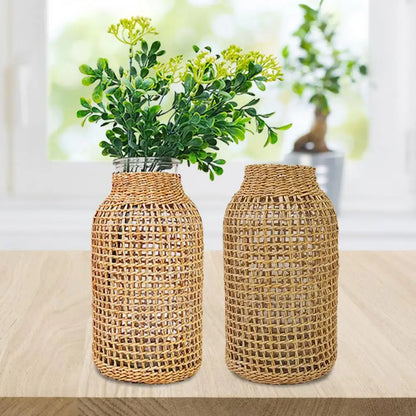 Vine Flower Vase Handmade Straw Woven Anti-broken Plant Pot Japanese Style Glass Vase Table Decoration Scene Layout Prop Home