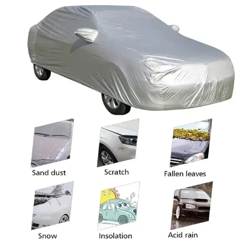 Outdoor Car Cover Silver Dacron – Universal Sedan, UV, Snow, Sun, Dust & Waterproof Protection