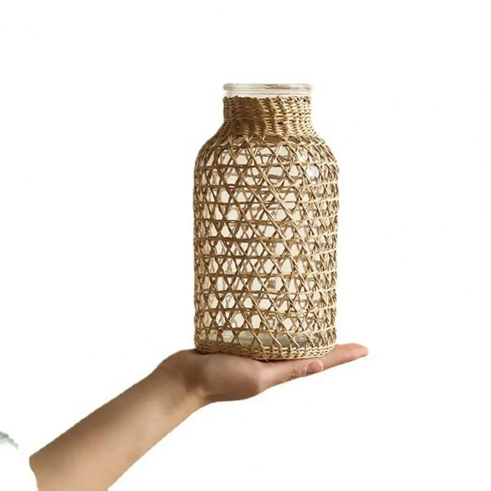Vine Flower Vase Handmade Straw Woven Anti-broken Plant Pot Japanese Style Glass Vase Table Decoration Scene Layout Prop Home