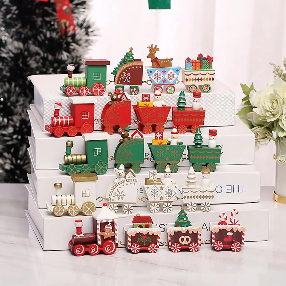 Christmas Wooden Train Set Holiday Decoration Santa Snowman Kids Gift Toy