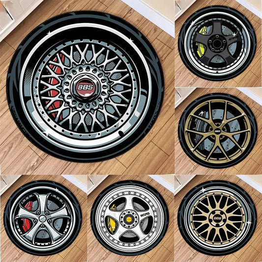 Car Wheel Rim Design Round Anti-Slip Rug – Racing Style Floor Mat for Home Garage Decor
