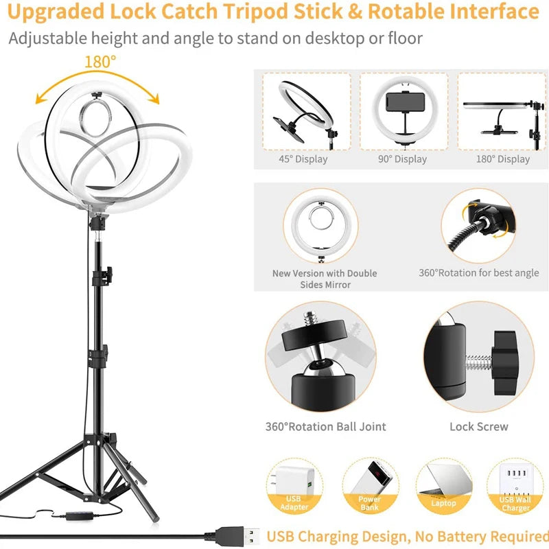 10" LED Ring Light with Tripod – Bi-Color 3200K-5600K, Selfie & Photography Lighting, USB Powered