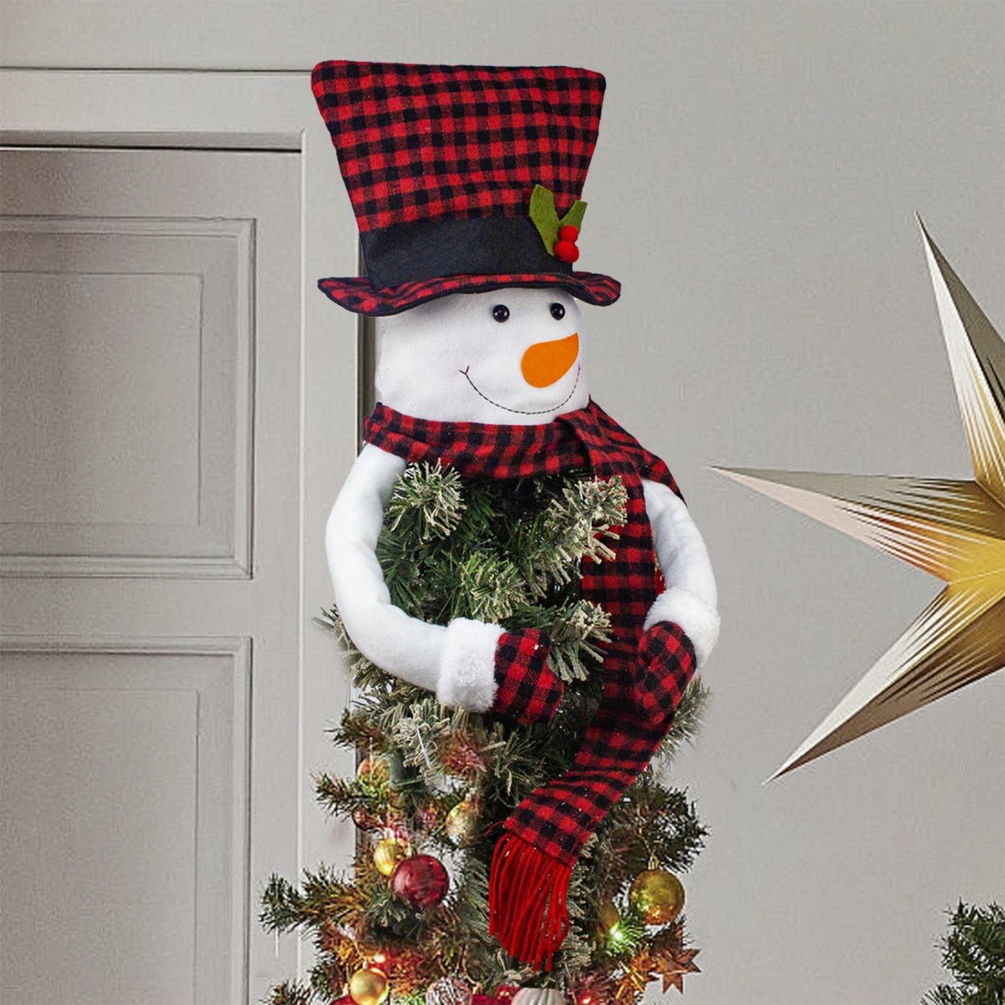 Large Plush Snowman Christmas Tree Topper | Red & Black Buffalo Plaid Tree Hugger Decoration
