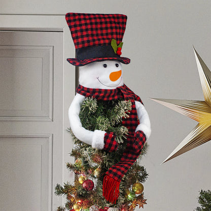 Large Plush Snowman Christmas Tree Topper | Red & Black Buffalo Plaid Tree Hugger Decoration