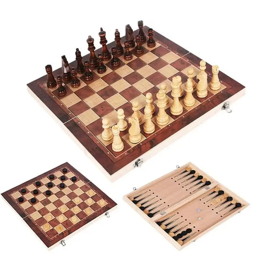Wooden 3-in-1 Chess Checkers Backgammon Set | Foldable Travel Board