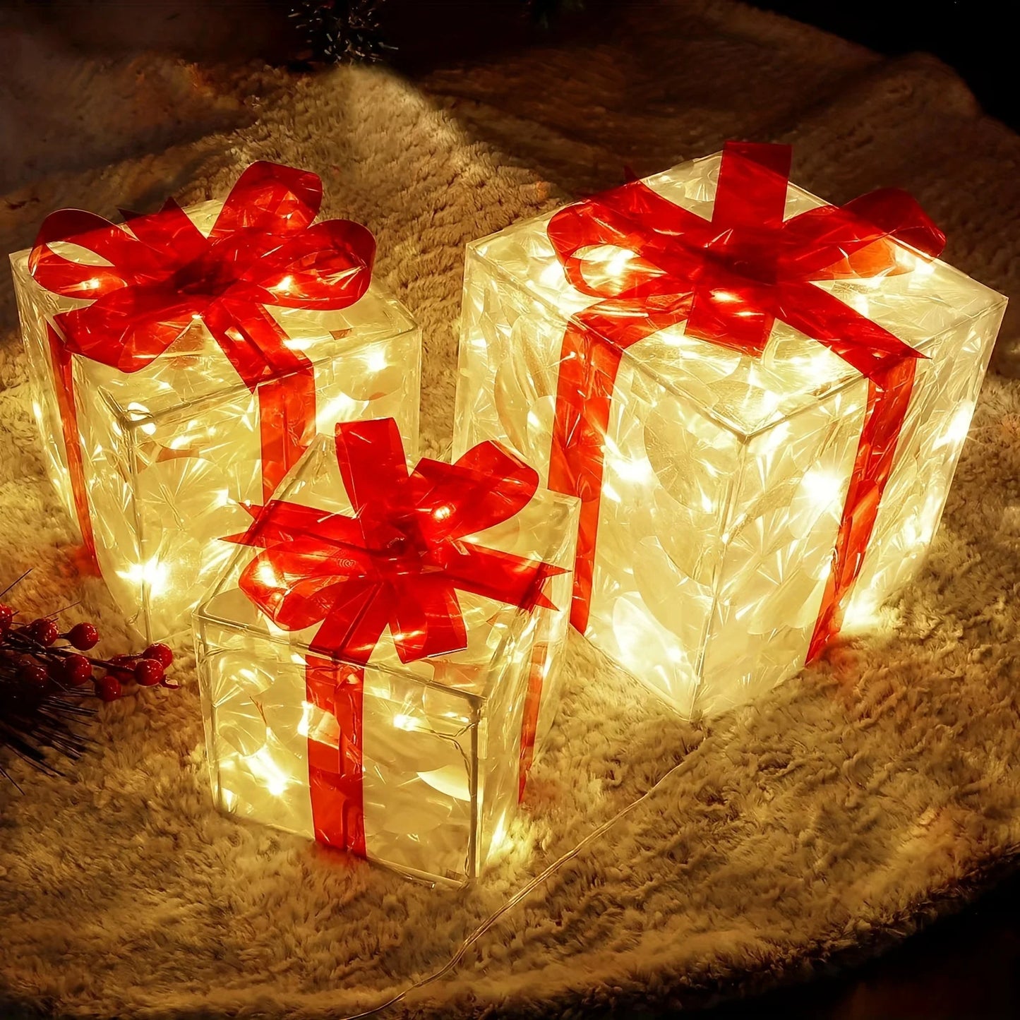 Set of 3 Lighted Christmas Gift Boxes with Red Bows | Elegant Indoor & Outdoor Holiday Decor