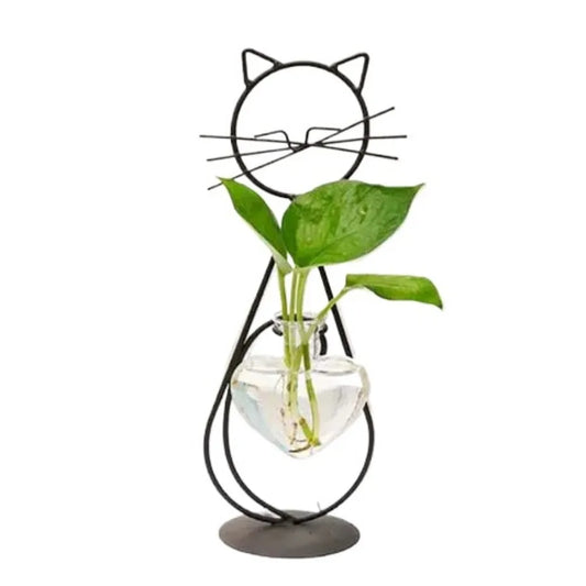 Cat-Shaped Metal Hydroponic Planter – Glass Vase Table Décor