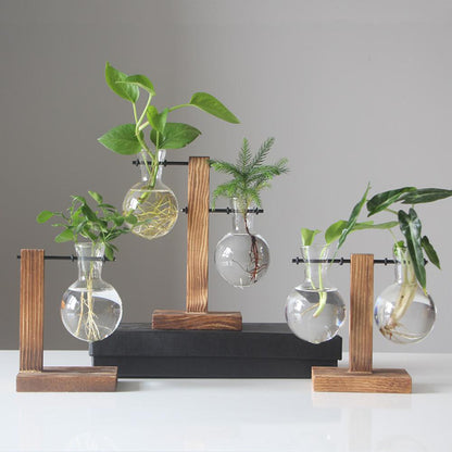 Vintage Wood & Glass Terrarium Planter – Tabletop Hydroponic Vase