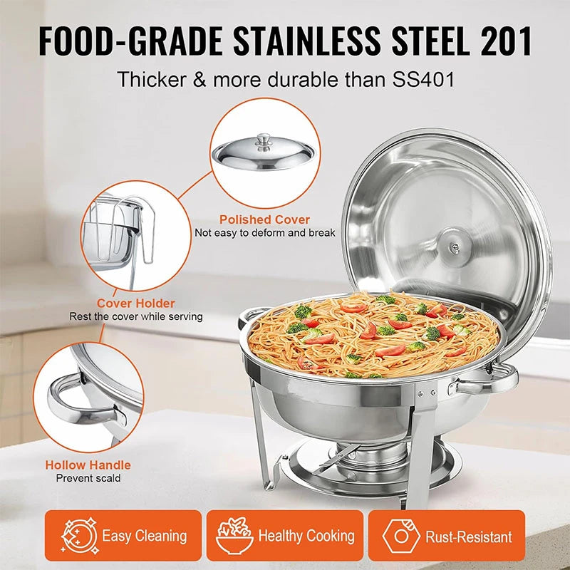 5QT Stainless Steel Chafing Dish Buffet Set – Round with Lid & Warmers for Party