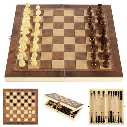 Wooden 3-in-1 Chess Checkers Backgammon Set | Foldable Travel Board