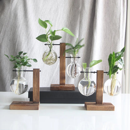 Vintage Wood & Glass Terrarium Planter – Tabletop Hydroponic Vase