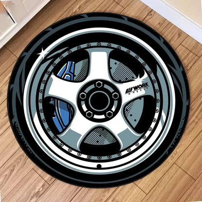 Car Wheel Rim Design Round Anti-Slip Rug – Racing Style Floor Mat for Home Garage Decor