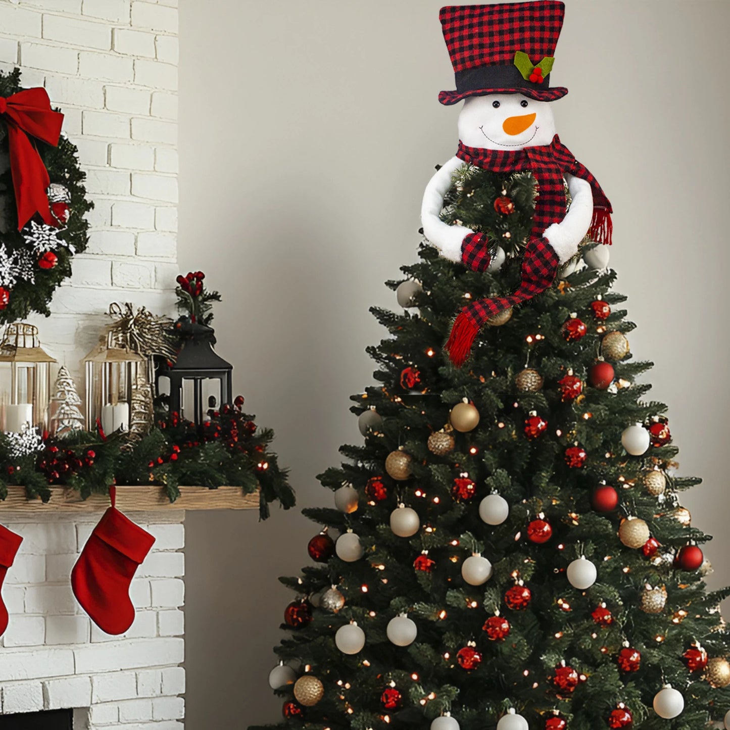 Large Plush Snowman Christmas Tree Topper | Red & Black Buffalo Plaid Tree Hugger Decoration