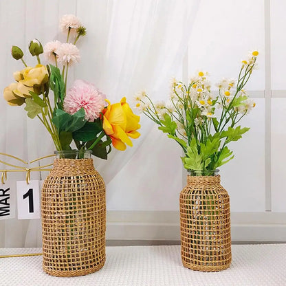 Vine Flower Vase Handmade Straw Woven Anti-broken Plant Pot Japanese Style Glass Vase Table Decoration Scene Layout Prop Home