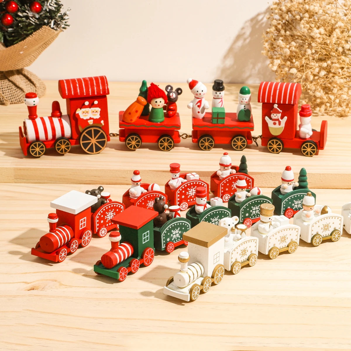 Christmas Wooden Train Set Holiday Decoration Santa Snowman Kids Gift Toy