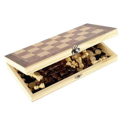 Wooden 3-in-1 Chess Checkers Backgammon Set | Foldable Travel Board