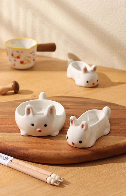 Cute Pet Cartoon Ceramic Gravy Boat – Japanese Style Rabbit & Dog Porcelain Dish