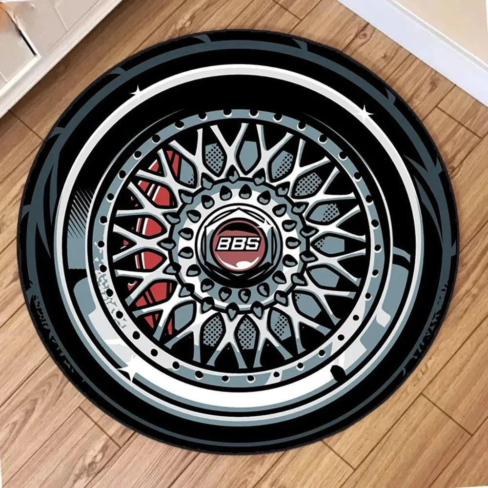 Car Wheel Rim Design Round Anti-Slip Rug – Racing Style Floor Mat for Home Garage Decor
