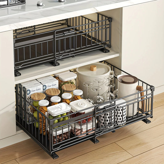 Adjustable Pull-Out Shelf Space-Saving Cabinet for Kitchen Under Sink Storage