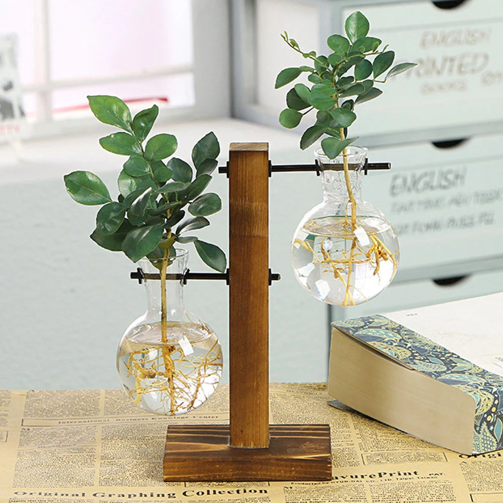 Vintage Wood & Glass Terrarium Planter – Tabletop Hydroponic Vase