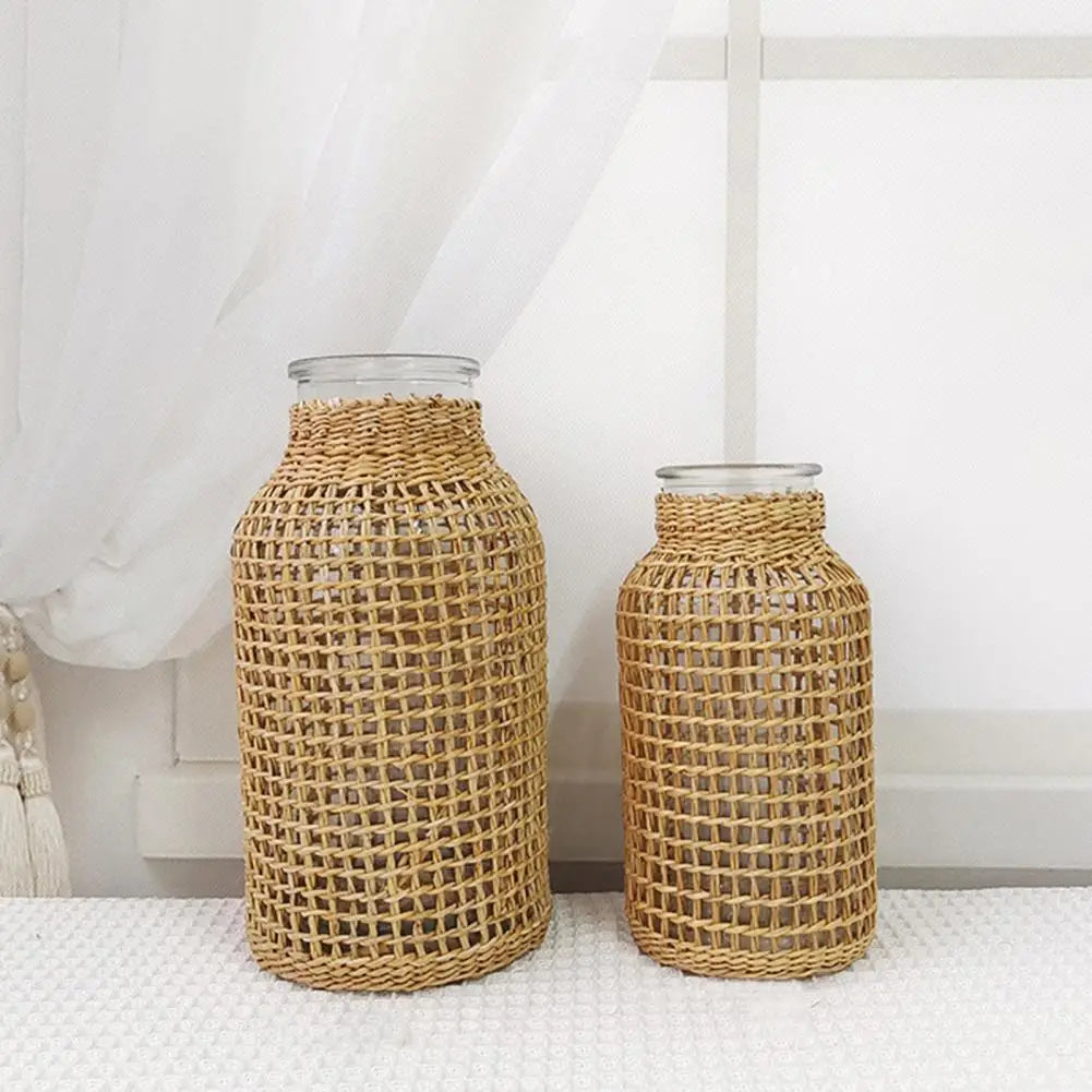 Vine Flower Vase Handmade Straw Woven Anti-broken Plant Pot Japanese Style Glass Vase Table Decoration Scene Layout Prop Home