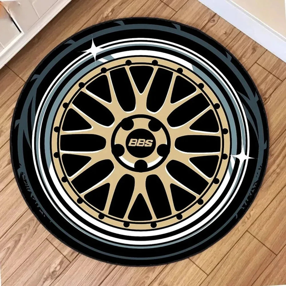Car Wheel Rim Design Round Anti-Slip Rug – Racing Style Floor Mat for Home Garage Decor