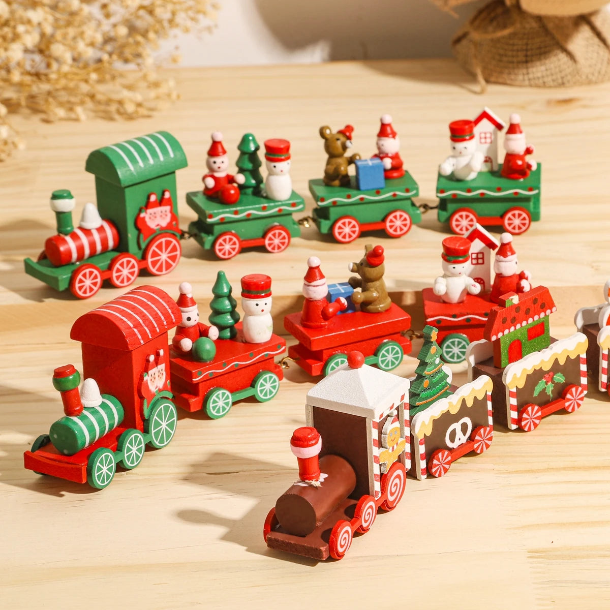 Christmas Wooden Train Set Holiday Decoration Santa Snowman Kids Gift Toy