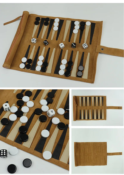 Portable Roll Up Chess & Backgammon Board Game Travel Set PU Leather