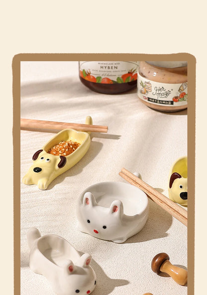 Cute Pet Cartoon Ceramic Gravy Boat – Japanese Style Rabbit & Dog Porcelain Dish