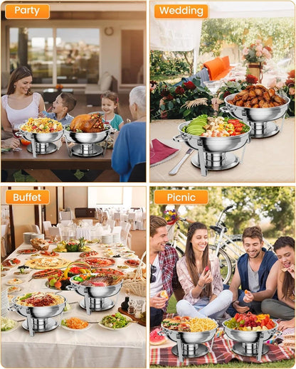 5QT Stainless Steel Chafing Dish Buffet Set – Round with Lid & Warmers for Party