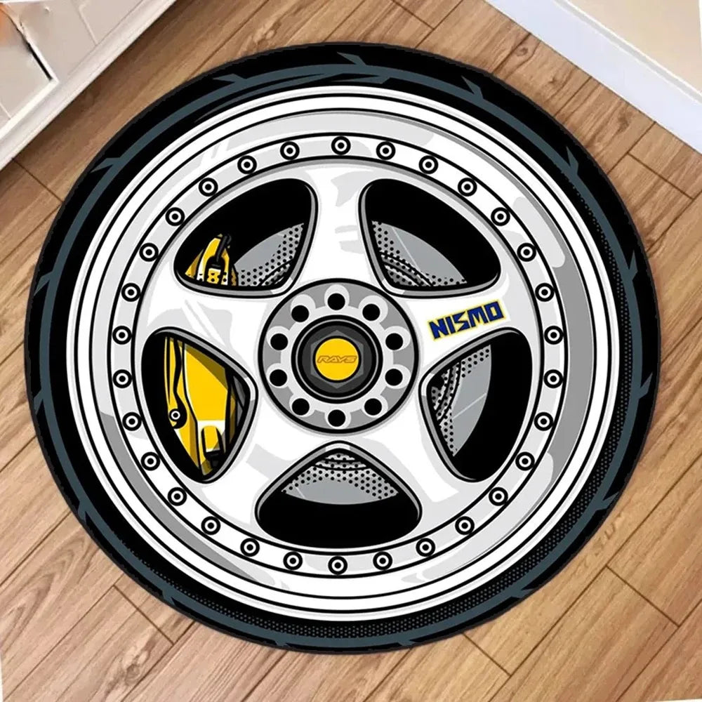 Car Wheel Rim Design Round Anti-Slip Rug – Racing Style Floor Mat for Home Garage Decor