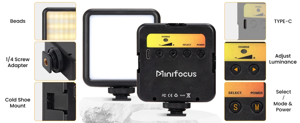 Mini LED Camera Video Light On-Camera Dimmable Vlogging Light with Cold Shoe Mounts