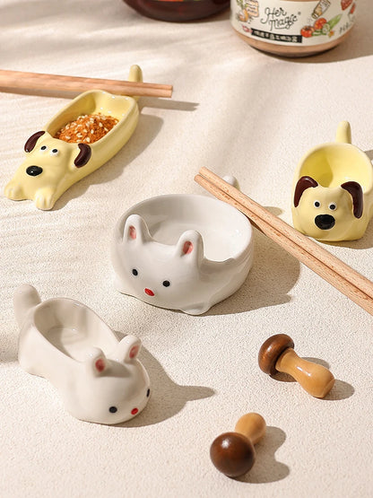 Cute Pet Cartoon Ceramic Gravy Boat – Japanese Style Rabbit & Dog Porcelain Dish