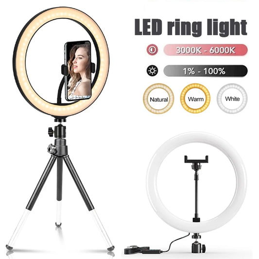 LED Selfie Ring Light with Mini Tripod & Remote | Round Dimmable Fill Lamp for TikTok, Makeup & Live Video