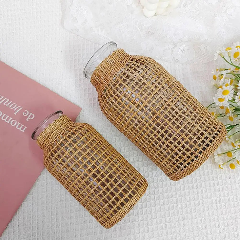 Vine Flower Vase Handmade Straw Woven Anti-broken Plant Pot Japanese Style Glass Vase Table Decoration Scene Layout Prop Home