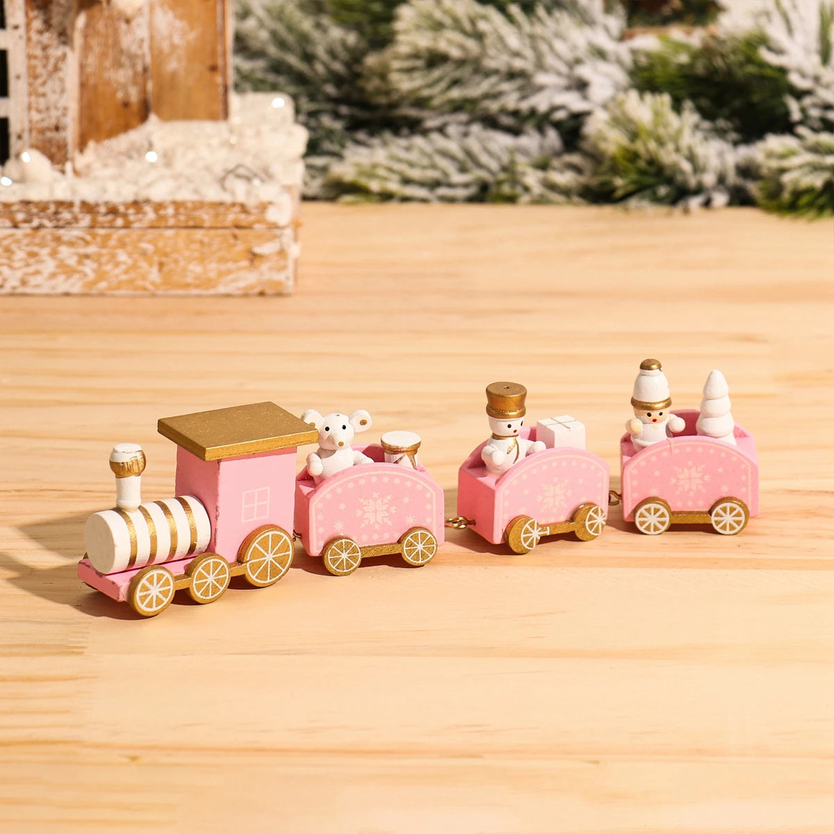 Christmas Wooden Train Set Holiday Decoration Santa Snowman Kids Gift Toy