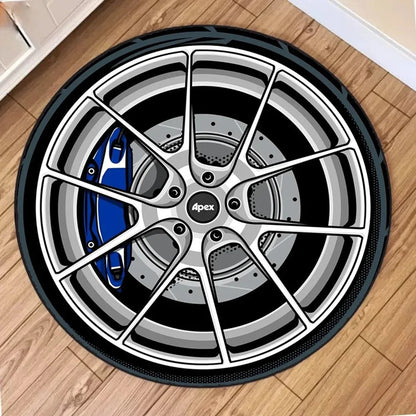 Car Wheel Rim Design Round Anti-Slip Rug – Racing Style Floor Mat for Home Garage Decor