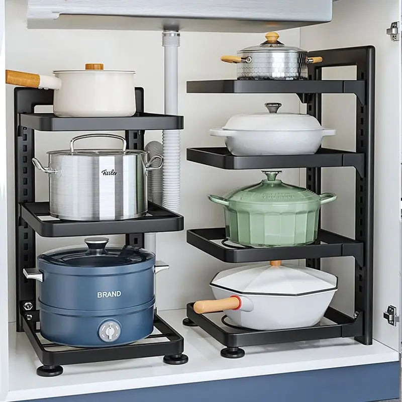 Kitchen Multi-Tier Stainless Steel Pot Rack Under Sink Storage Space Saver