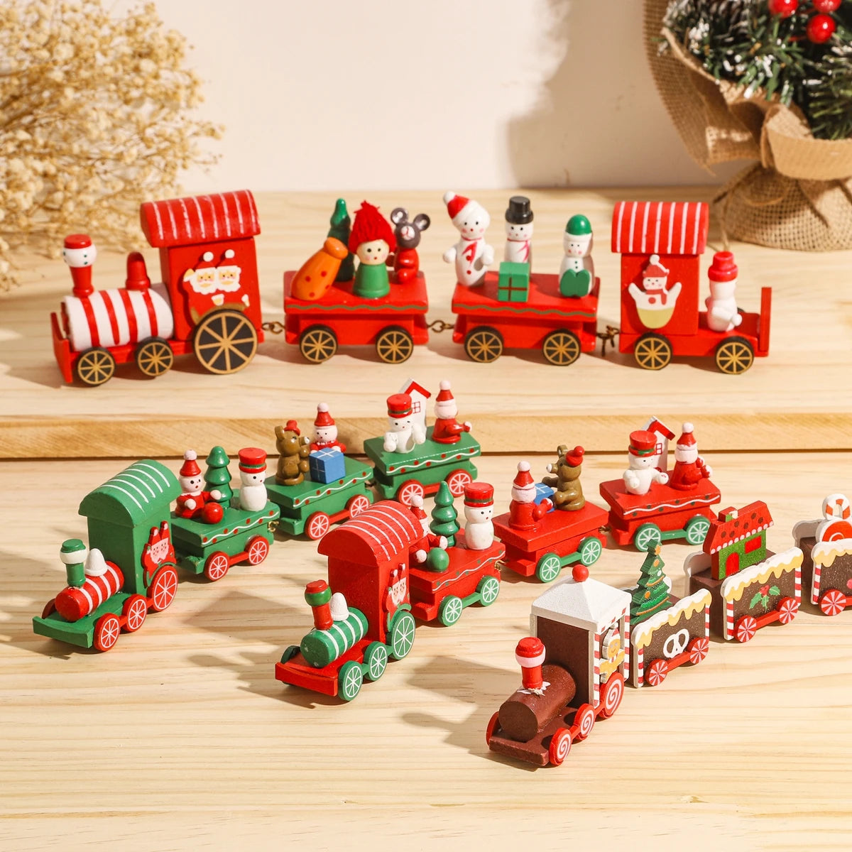 Christmas Wooden Train Set Holiday Decoration Santa Snowman Kids Gift Toy
