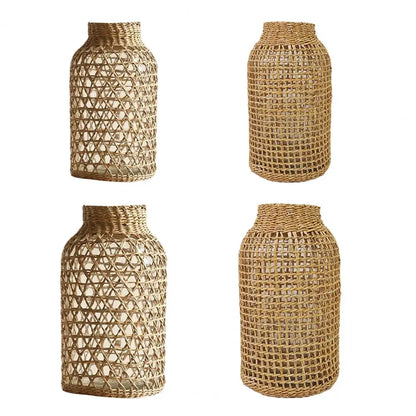 Vine Flower Vase Handmade Straw Woven Anti-broken Plant Pot Japanese Style Glass Vase Table Decoration Scene Layout Prop Home