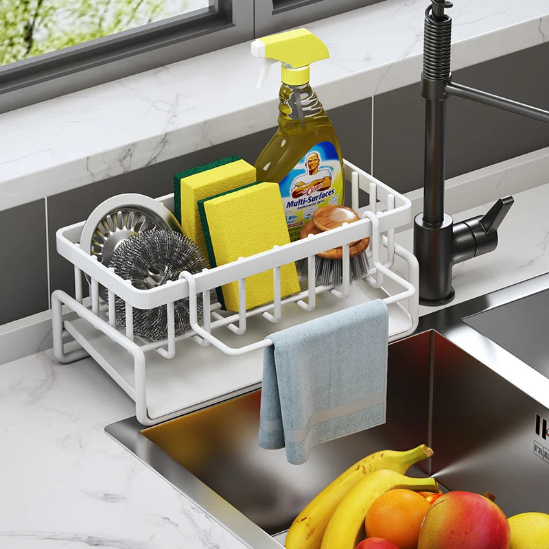 Kitchen Sink Tap-Mounted Storage Shelf with Drainage Rack Organizer
