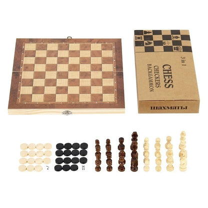 Wooden 3-in-1 Chess Checkers Backgammon Set | Foldable Travel Board