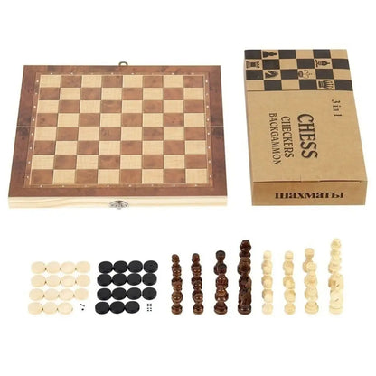 Wooden 3-in-1 Chess Checkers Backgammon Set | Foldable Travel Board