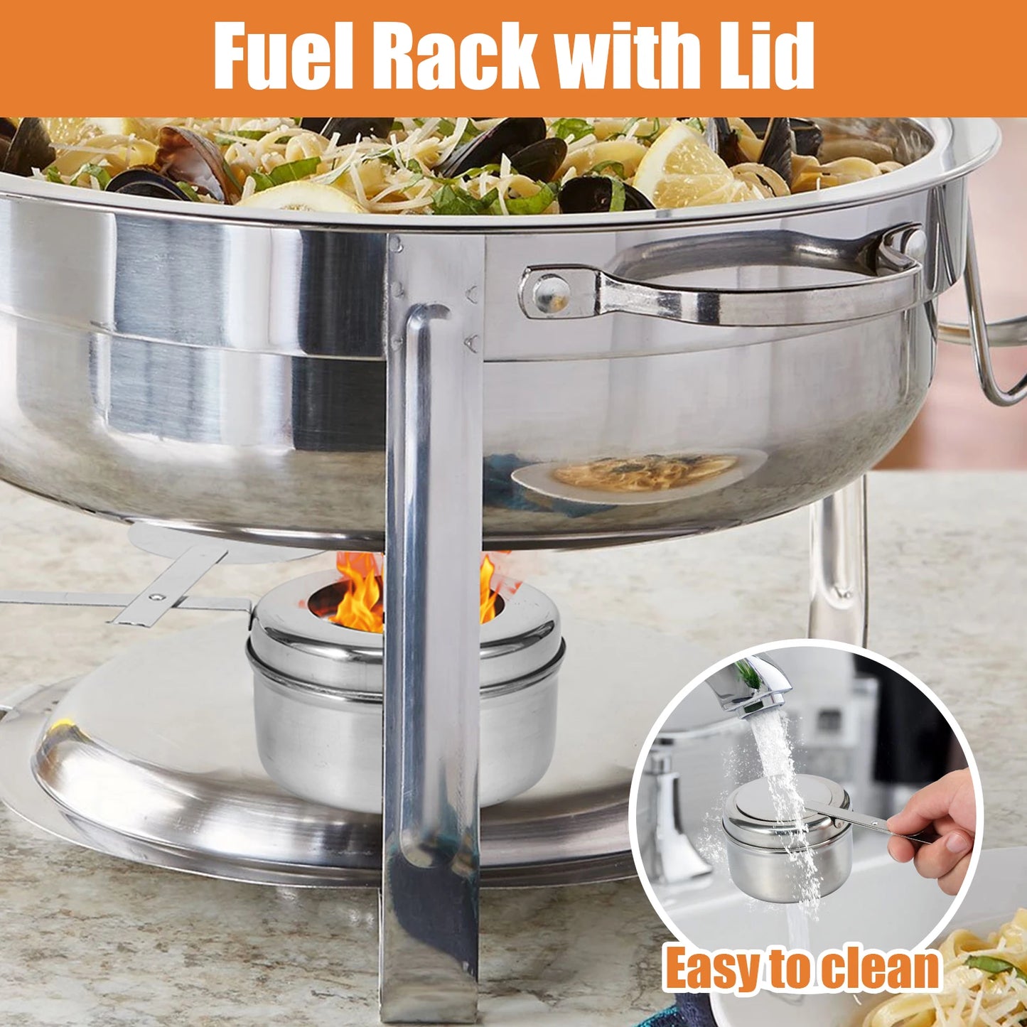 6-Pcs Stainless Steel Chafing Fuel Holder with Safety Cover – Round Buffet Set