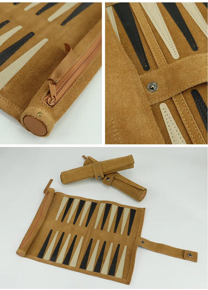 Portable Roll Up Chess & Backgammon Board Game Travel Set PU Leather