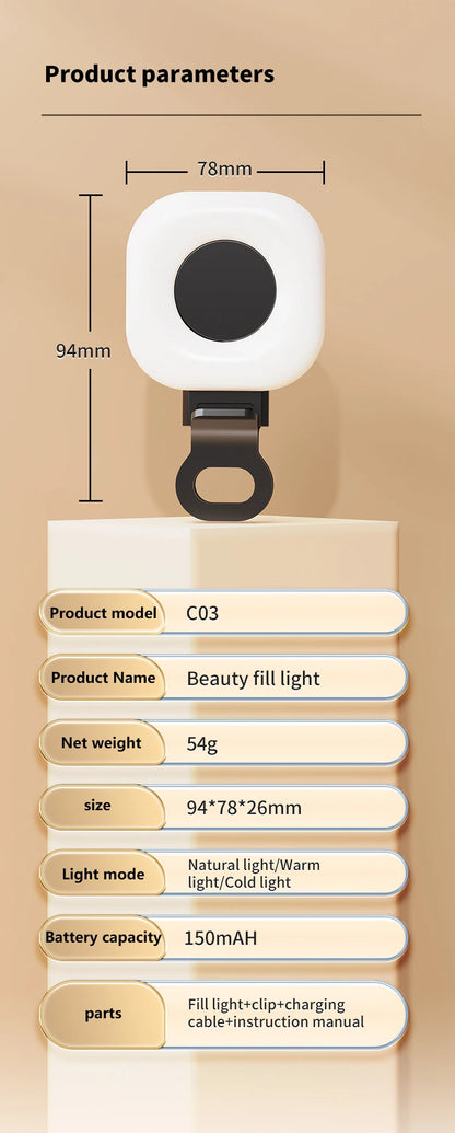 Portable Beauty Fill Light Pocket LED Selfie Light with Clip for Live Streaming & Photos