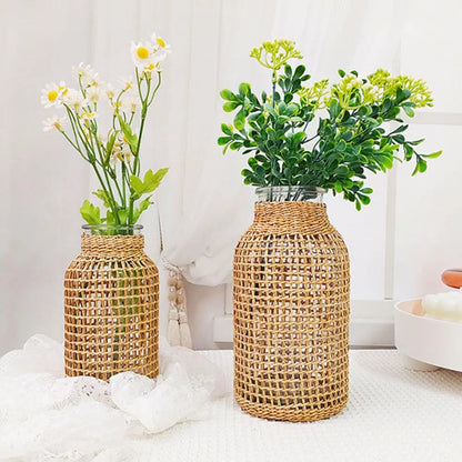 Vine Flower Vase Handmade Straw Woven Anti-broken Plant Pot Japanese Style Glass Vase Table Decoration Scene Layout Prop Home