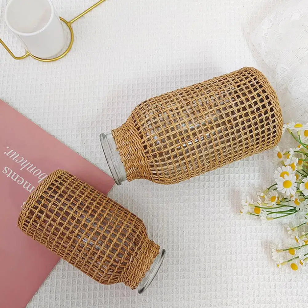 Vine Flower Vase Handmade Straw Woven Anti-broken Plant Pot Japanese Style Glass Vase Table Decoration Scene Layout Prop Home