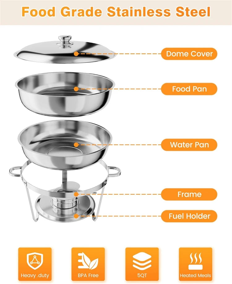 5QT Stainless Steel Chafing Dish Buffet Set – Round with Lid & Warmers for Party