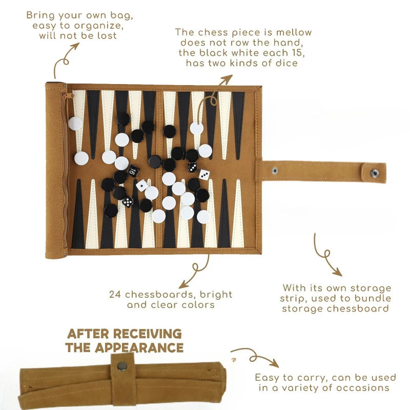 Portable Roll Up Chess & Backgammon Board Game Travel Set PU Leather